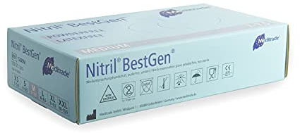 Meditrade® Nitril® BestGen® Nitrilhandschuhe in blau, Einweghandschuhe für den Medizinbereich oder Lebensmittel, Untersuchungshandschuhe, Einmalhandschuhe, latexfrei, DIN EN 455, 100 Stück, Größe M