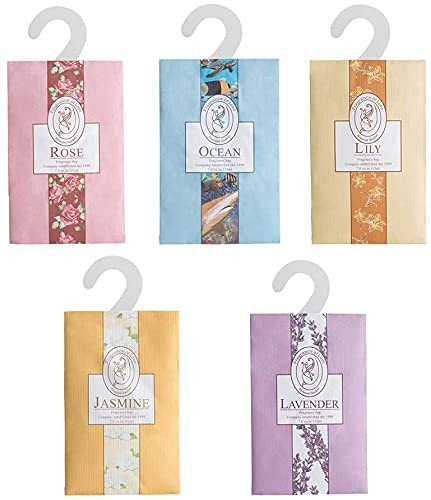 ohfruit 5 hochwertige Duftsäckchen, Duftsäckchen für Schubladen, Schränke, Zimmer, Kleiderschrank, Badezimmer, Autos, dauerhafter Duft (Jasmin, Rose, Lavendel, Lilie, Ozean), 5 Stück