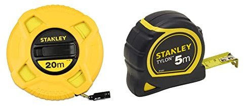 Stanley mètre Ruban 20 m x 12,7 mm en Fibre de Verre 40 Brins - Précision Classe III - Graduation Tous les 2mm - Jaune Fluo Plus Lisible & Mètre Tylon Bi matière 5m X 19mm - Ruban Anti-Corrosion