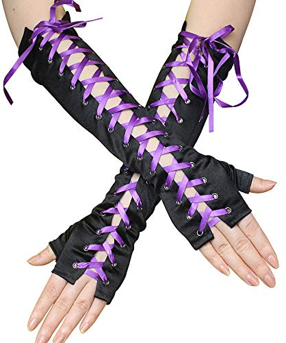 GIVBRO Damen Schnürhandschuhe fingerlose Vintage Handschuhe Opera Verkleidung Zubehör für Abend Tanzparty Hochzeit Bars Dress Up Lila
