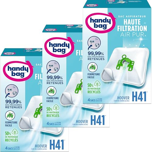 Handy Bag - H41 vacuum cleaner bags x4bags - Hoover compatible - 99.99% of dust retained - Easy closing - Allergen filter - 50% recycled materials, Greenray-tgp