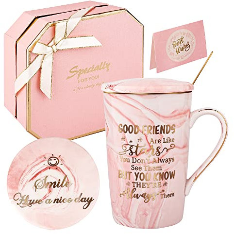 Best Friend Birthday Gifts for Women-Good Friends are Like Stars Mug-Friendship Gifts for Women Birthday Gifts Ideas for Her, Friends,Female, Sister Ceramic Marble Coffee Mug Gifts Box 14oz Pink