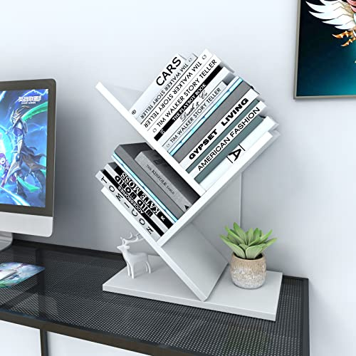 Godferyxin Tree Bookshelf, 3-Tier Small Book Shelf for Desk – Wood Bookcase with Storage Shelves, Compact Shelf for Living Room, Bedroom, or Home Office, White Finish, Holds Books, CDs, and Magazines