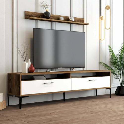 Dmora Parete attrezzata Edasich, Composizione soggiorno, Mobile salotto Multiuso, Armadio Porta TV, 180x35h47 cm, Noce e Bianco