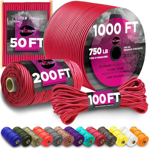TECEUM Paracord 750lb Karmesinrot (Crimson) – 30 m– 4 mm – Nylon – Robuste Taktische Fallschirmschnur nach MIL-SPEC – Survival-Seil für Notfälle – EDC, Camping, Wander Ausrüstun (100 ft) 324a