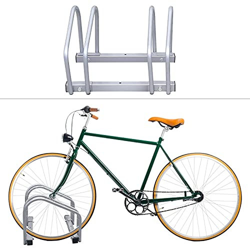Herrselsam Fahrradständer für 2 Fahrräder, Boden und Wandmontage, Aufstellständer Fahrrad Ständer, 35-55mm Reifenbreite, für Garage und Garten, Silber