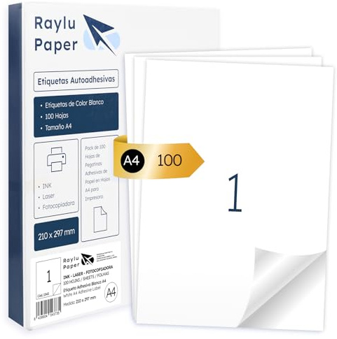 Raylu Paper® - Etiquetas Autoadhesivas A4 Blanco para Imprimir | 100 Hojas de Papel Adhesivo, Compatibles con Impresora Inkjet, Láser y Fotocopiadora | 1 Pegatina Adhesivas (210 x 297 mm)