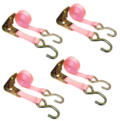 Mega Cargo Control S Hook Ratchet Straps, 1 x 15' Heavy Duty Securing Straps, 333 LBS Load Capacity | Utility Tie Downs for Cargo, Appliances, ATV, Motorcycle - 4X; Pink