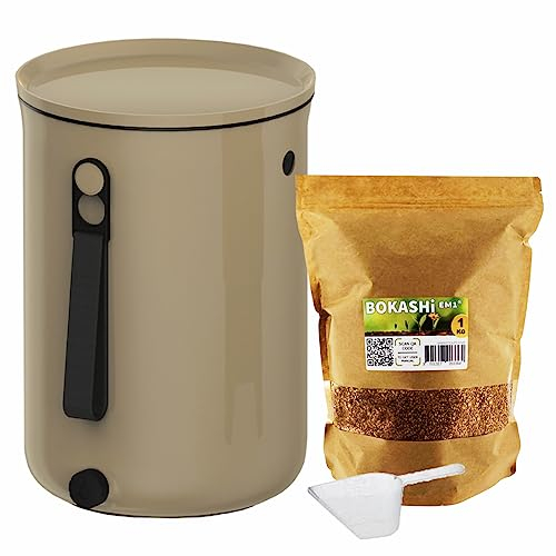 Moutta | Bokashi Organko 2 Cappuccino (9,6L) | Compostiera organica con compattatore + 1 kg di attivatore di fermentazione EM-1