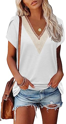 Famulily Ladies V Neck Tee Shirts Short Sleeve Summer Blouse, White Tops for Women UK Elegant, Soft (XL, White)
