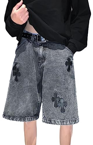 Sawmew Herren Casual Denim Shorts Loose Fit Baggy Jean Kurze Sommer Ripped Kurze Hosen mit Taschen Y2K Baggy Jean Shorts Harajuku Streetwear