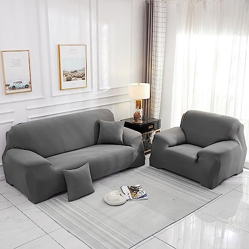 Hearda High Stretch Sofa Covers 1/2/3/4 Seater, Monochrome Soft Elastic Non Slip Sofa Slipcover Washable Universal Couch Sofa Cover for Kids Pets Living (2-Seater,Grey)
