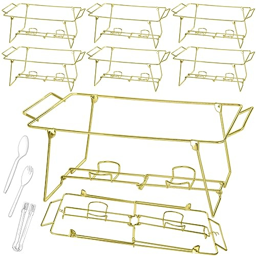 Geosar 32 Pack Wire Buffet Rack Stand Folding Chafing Stand Chrome Frame Serving Trays Food Warmer with Plastic Tongs Forks and Spoons for Christmas Thanksgiving Home Party Catering Supplies(Gold)