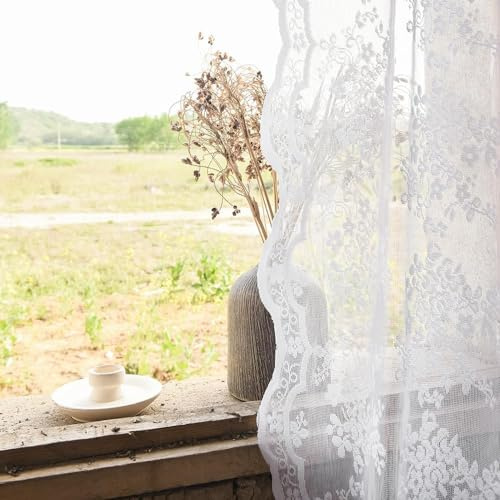 YJ YANJUN Vintage Gardinen mit ösen Spitzenvorhänge Weiß Blume Stickerei Vorhang Durchsichtig Vorhänge für Wohnzimmer Schlafzimmer Romantisch Boho Dekoschal, 2 Stck (BxH) 140x225 cm, Weiss