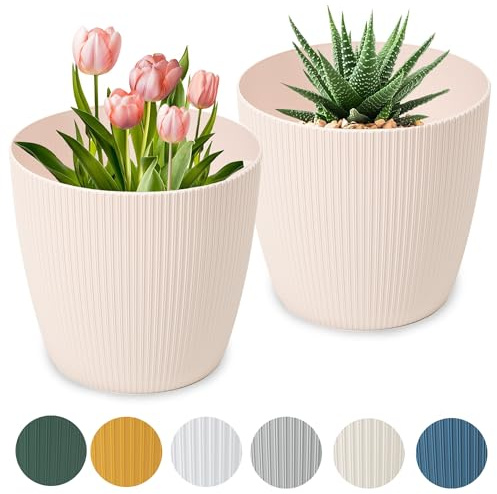 PECZEKO Blomkruka matta, planteringskruka av ytterkruka plast dekorativ kruka för, stora växter 2 x blomkrukor set, blomkruka örtkruka, (2-pack) rosa, ø 30 cm