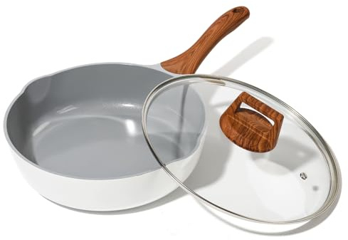Nonstick Frying Pans With Lid, 11 Inches Skillets Deep Frying Pan Non stick, Ceramic Frying Pans With Pour Spout, Non Toxic Frying Pan for Stove, Induction, Gas, PB/CD/PFOA Free (White,11 Inches)