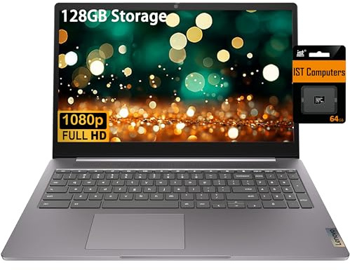 Lenovo Chromebook 15 (15,6 po FHD, 4 Go de RAM, 128 Go de stockage (64 Go eMMC + carte SD IST 64 Go), 2 To de stockage dans le cloud, Intel Celeron), ordinateur portable à la maison et aux étudiants,