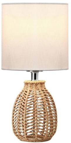 EcoGehen Tischlampe Vintage Landhaus mit Rattan Lampenschirm | Wohnzimmer Nachttischlampe, Weißer Stoffschirm aus Leinen, Modern Boho Deko, Für Schlafzimmer Nachttisch, Geschenk