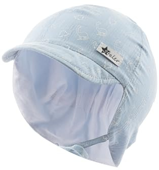 Sterntaler Schirmmütze Nacken Saurier - Jungen Mütze aus Baumwolle - UV-Schutz 30 Sommermütze mit Ohrenklappen und Bindeband - Sonnenhut - Baby und Kinder Kopfbedeckung - Himmel, Größe 49