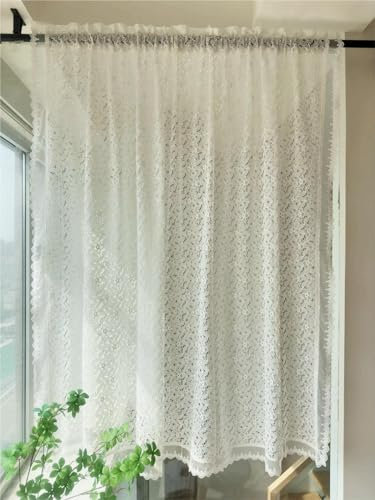 Vordesack Jacquard Scheibengardine mit zarten Floral Muster Sanfte Landhausstil Bistrogardine mit Stangendurchzug Gardine mit Spitzenkante 1 Stück Weiß HxB 120x130cm