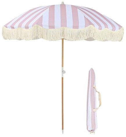 Ombrellone Da Giardino Per Il Tempo Libero, Ombrellone Da Spiaggia 180 Cm Con Frangia, Ombrellone Parasole Con Funzione Di Inclinazione, Pieghevole Ombrellone Da Balcone, Nessuna Base(Red white)