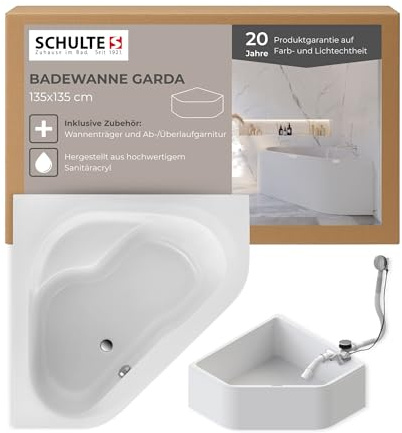 Schulte Badewanne Garda 135x135 cm, Komplett inkl. Wannenträger und Ab- und Überlauf, aus hochwertigem Acryl in Weiß glänzend