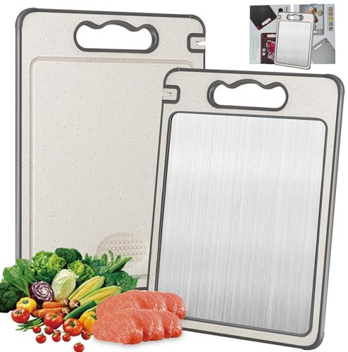 Planche à Découper en Acier Inoxydable, Planche Découper Double Face, Planche Decouper Inox Cuisine, Avec Fente pour Couteau et Fente pour Jus, Pour Garantir le Goût Original des Ingrédients