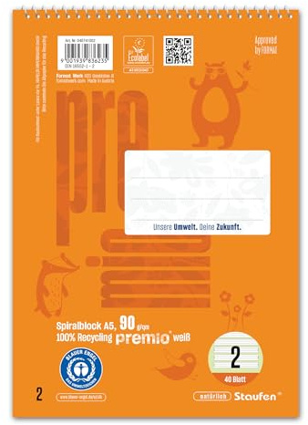 Staufen Premio Spiralblock - 5 Blöcke je 40 Blatt, DIN A5, liniert 4/4/4 mm | Lineatur 2, 100% Recyclingpapier, zertifiziert mit dem Blauen Engel, abgerundete Ecken, 90 g/m² Papier