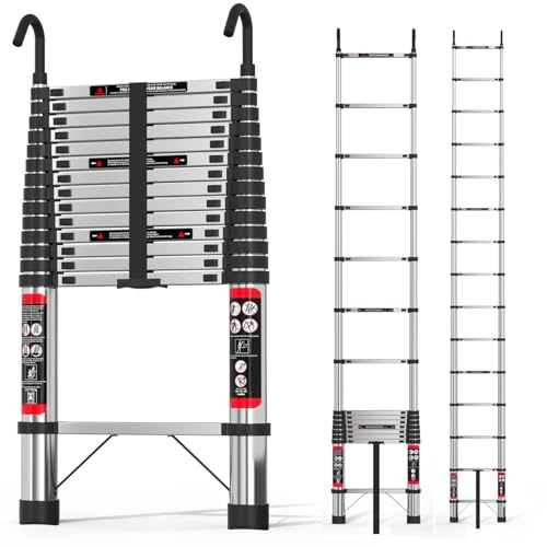 4.4M teleskopische ausziehbare Leiter 14.5ft Edelstahl-Teleskopleiter EN131 Standard mit abnehmbaren Dachhaken, Stabiler und langlebiger als Aluminiumleiter