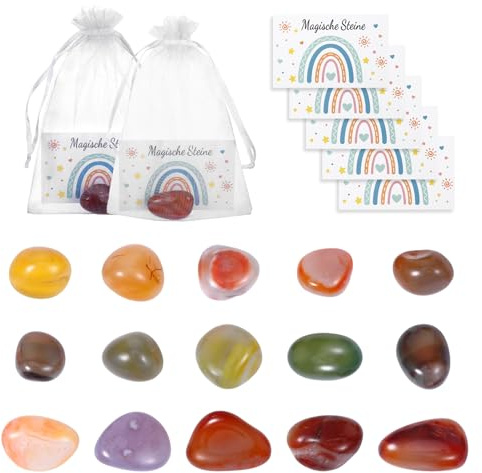 HweeWanX 15 Set Natur Achatstein Geschenkset mit Organza-Beuteln und Grußkarten – Kleine Polierte Agate Stones für Meditation, Achtsamkeit, Stressabbau, Deko & Dankesgeschenke