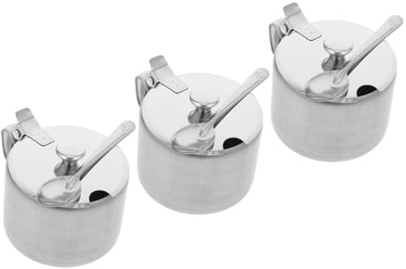 Garneck Set da 3 Ciotole Porta Condimenti in Acciaio Inossidabile con Coperchio e Cucchiaio, Contenitori Rotondi per Zucchero, Sale e Spezie con Maniglia, Organizer da Cucina