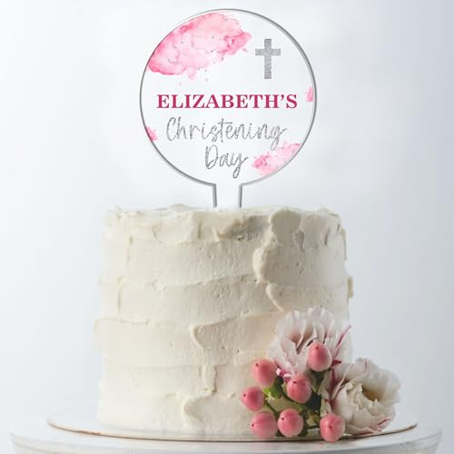 Personalised Religious Cake Topper – Custom Name & Occasion – Christening, Communion or Confirmation – Acrylic Watercolour Design with Cross Cake Decoration (Christening, Pink)