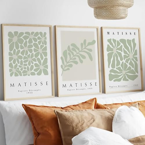 Matisse Wall Art Prints, Set of 3, Green and Beige Botanical Designs, 1952 Collection, Unframed (A3-29.7 x 42cm)