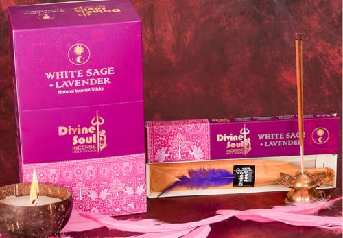 Divine Soul Räucherstäbchen Weißer Salbei & Lavendel – 3er-Pack mit JRose Räuchergefäß – Beruhigend & Reinigung für Meditation, Yoga & Heimduft