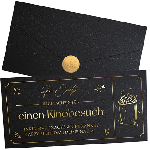 Joli Coon Personalisierter Kino Gutschein, Kinogutschein Karte Schwarz | Glitzerpapier, Folienveredelung in Wunschfarbe, passendes Kuvert, Siegelsticker, für Gutscheine und gemeinsame Erlebnisse