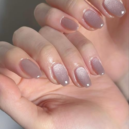 Pastel Lilac Cat Eye Press on Nails Short Coffin, SXVME Glitter Nude False Nails Medium, Sparkly Shiny Fake Nail Press ons, Cute Bling Stick on Nail for Women Small Sizes 30 Pcs