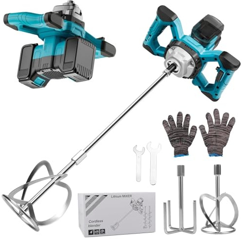 Paint Mortar Mixer Compatible with Makita Battery, 3200W Multipurpose Portable Concrete Stirrer with Stirring Rods and Mixing Head and Wrench and Gloves(Max 680 RPM, 6-Speed Gearbox, Without Battery)