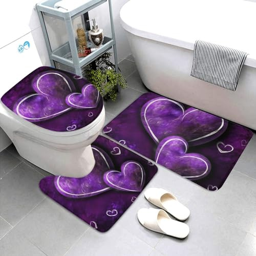 Bathroom Mat Sets 3 Piece Purple Hearts U Shape Wc Toilet Rug Soft Warmer Contour Mats, For Indoor, Outdoor, Bedroom