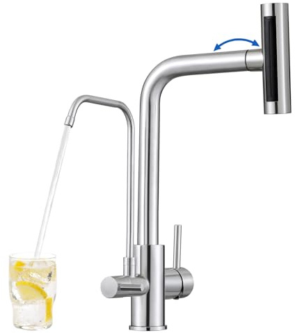 ROVOGO 3 Way Kitchen Mixer Tap with Water Filter & Pull Out Spray, Monobloc Sink Tap with 4 Spray Modes, Dual Lever Kitchen Faucet for Hot, Cold & Drinking Water, Brushed Stainless Steel 304, L-spout
