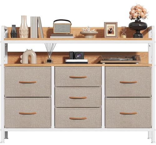 Feonase 7-Drawer Fabric Chest Of Drawers for Bedroom - 4 Large and 3 Small Drawers with Handles, Storage Organizer with Open Shelf & Sturdy Metal Frame, Ideal for Living Room/Entryway (Beige)