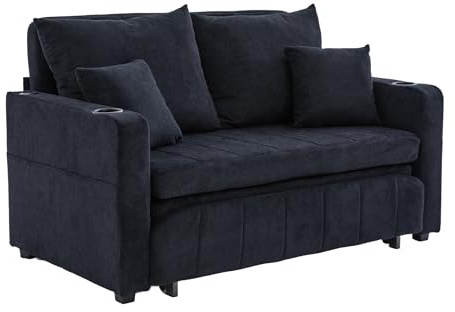 HAINEW 2-sitsig bäddsoffa med sovfunktion, utdragbar bäddsoffa med mugghållare och sidofickor, hopfällbar soffa, sovfåtölj för vardagsrum, sovrum, 139 x 73 x 83 cm (svart)