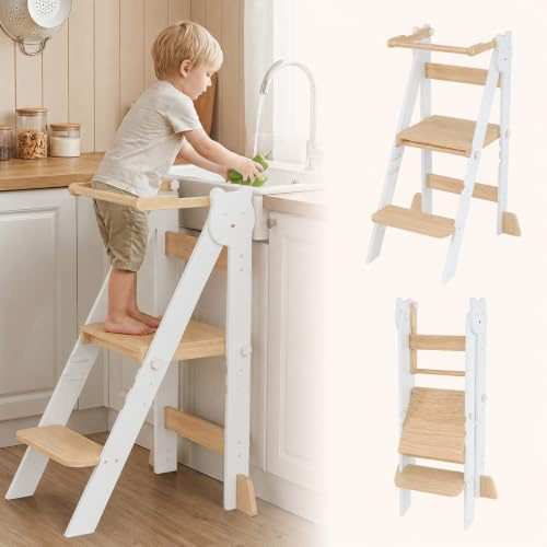 Freelawn Lernturm klappbar, 3-Fach höhenverstellbar, Weiß | Kiefernholz Lernturm Kinder, platzsparend klappbar, höhenverstellbar für Küche, Montessori Lernen und Alltag