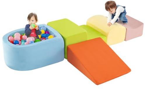GYMAX Soft Play Equipment, 5 Pieces Kids Activity Set with Ball Pit, Baby Soft Foam Blocks Interactive Toy Foam Climbing Block Play Set for Toddlers (Colorful)