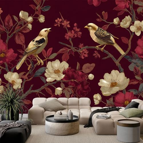 Generico Stile Cinese Retrò Fotomurale 3D Carta Da Parati Pianta Fiori Uccelli 200 x 140 cm, Carta Da Parati Camera Letto Moderna Fotomurali Borgogna Murales Poster Gigante Moda Decorazione Da Muro