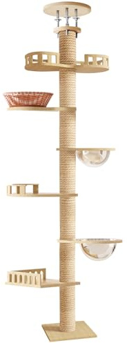 Decken Kratzbaum 295–315 cm höhenverstellbar, Kratzbaum Deckenhoch 7 Ebenen mit Beobachtungsturm, 2 Katzenhöhlen, 2 Raumkapseln, Sisal Kratzsäulen, Stabiler Katzenturm für Katzen (Holz)