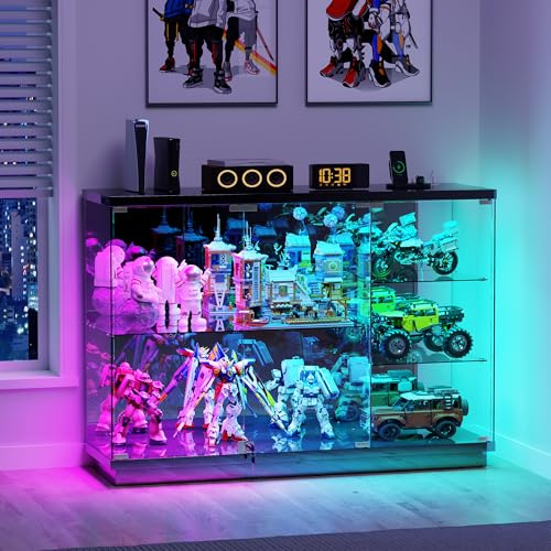 3-Lagen Glasvitrine mit RGB Beleuchtung und Glastüren für Büro,Schwarz | Glas Vitrinenschrank mit Intelligente Sensorik für Schlafzimmer