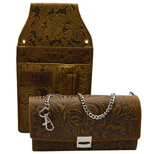 flevado Gastronomie Kellner Set Wild Leder mit Lilianen Muster im Set oder einzeln in braun (Set: Börse+Tasche)