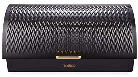 Tower T826090BLK Empire Roll Top Bread Bin, Stainless Steel, Black and Brass, One Size