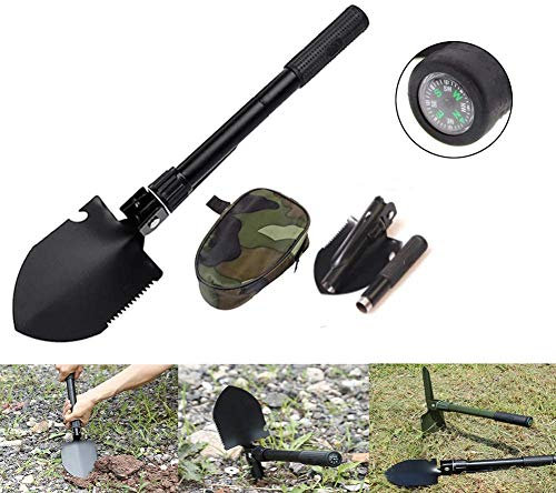 Hovico Military Portable Folding Shovel and Pickax, Small Compact Pickaxe with Carrying Pouch, Military Entrenching Survival Multitool for Camping, Hiking, Backpacking, Pouch Included(Black)