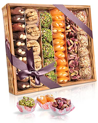 Gesunde Snacks Mix Geschenkkorb | vegane Süssigkeiten Mix | glutenfrei | getrocknete Aprikosen, Pistazien, Mandeln, Feigen mit Walnüsse, Datteln | Trockenfrüchte | Geschenkset (800g (mit Feigen))